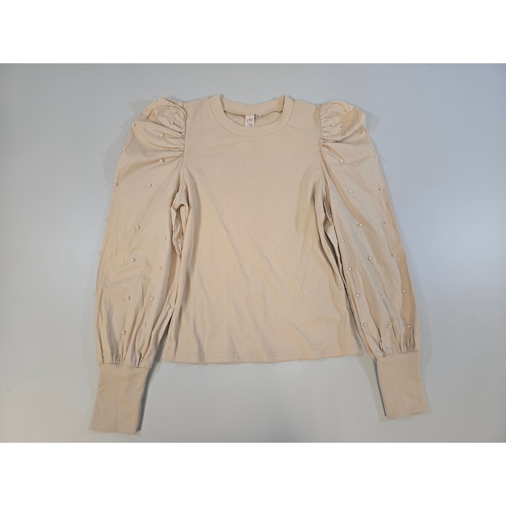 Dolan Left Coast Collection Beige Ribbed Puff Sleeve Pearl Accent Top‎ Medium